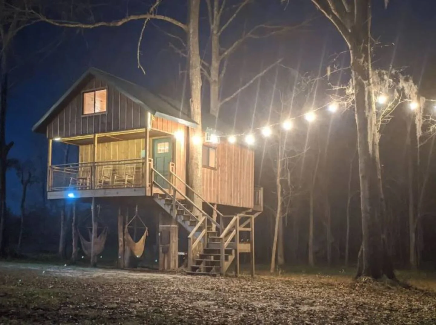 Enchanted Perch lit up after dark